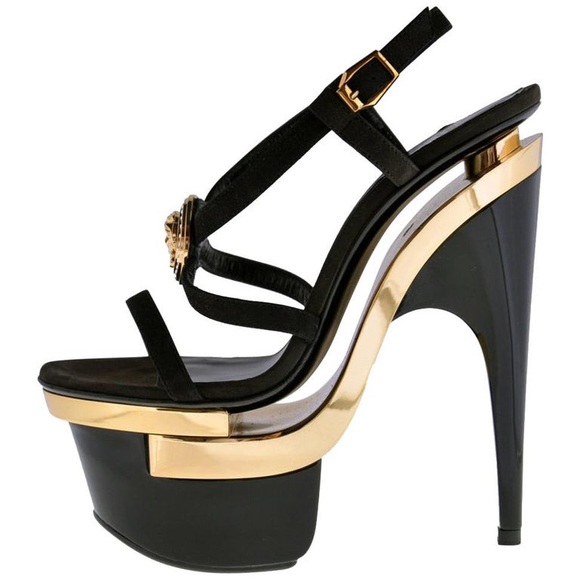VERSACE Triple Platform Black Gold Medusa Swarovski Crystals Sandals Heels bling - Picture 2 of 11